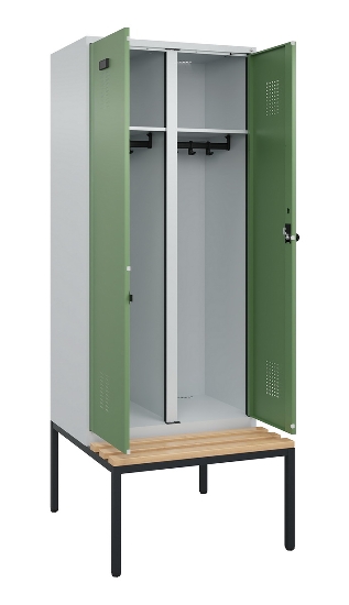 C+P Schwarz-Weiß-Spind Evolo PLUS 0490527-40 mit Bank 4 Abt.je 300mm Drehriegel (HxBxT) 2120x1200x815mm 7035/3000