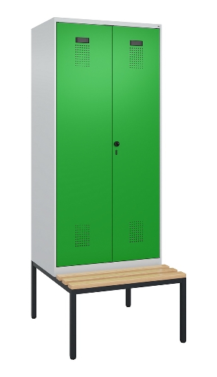 C+P Schwarz-Weiß-Spind Evolo PLUS 0490527-40 mit Bank 4 Abt.je 300mm Drehriegel (HxBxT) 2120x1200x815mm 7035/3000
