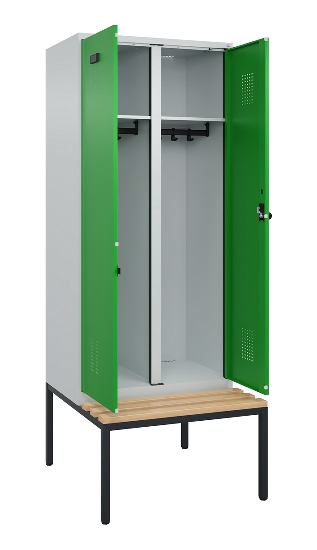 C+P Schwarz-Weiß-Spind Evolo PLUS 0490527-40 mit Bank 4 Abt.je 300mm Drehriegel (HxBxT) 2120x1200x815mm 7035/3000