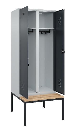 C+P Schwarz-Weiß-Spind Evolo PLUS 0490527-40 mit Bank 4 Abt.je 300mm Drehriegel (HxBxT) 2120x1200x815mm 7035/3000
