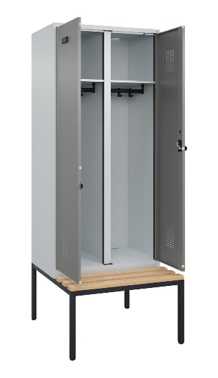 C+P Schwarz-Weiß-Spind Evolo PLUS 0490527-40 mit Bank 4 Abt.je 300mm Drehriegel (HxBxT) 2120x1200x815mm 7035/3000