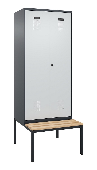 C+P Schwarz-Weiß-Spind Evolo PLUS 0490527-40 mit Bank 4 Abt.je 300mm Drehriegel (HxBxT) 2120x1200x815mm 7035/3000