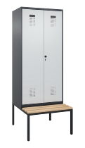 C+P Schwarz-Weiß-Spind Evolo PLUS 0490527-40 mit Bank 4 Abt.je 300mm Drehriegel (HxBxT) 2120x1200x815mm 7035/3000