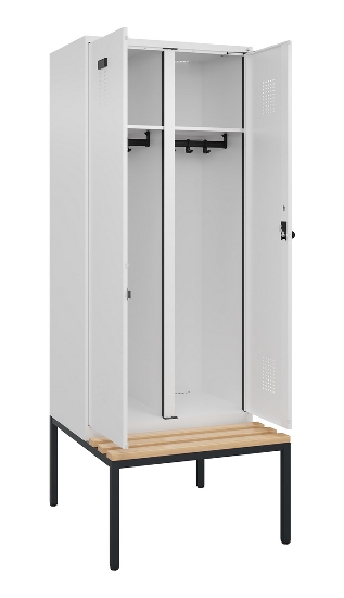 C+P Schwarz-Weiß-Spind Evolo PLUS 0490527-40 mit Bank 4 Abt.je 300mm Drehriegel (HxBxT) 2120x1200x815mm 7035/3000