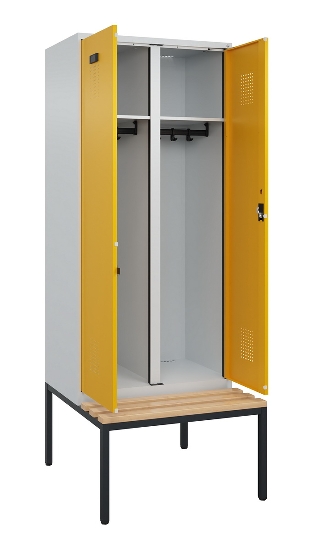 C+P Schwarz-Weiß-Spind Evolo PLUS 0490527-40 mit Bank 4 Abt.je 300mm Drehriegel (HxBxT) 2120x1200x815mm 7035/3000