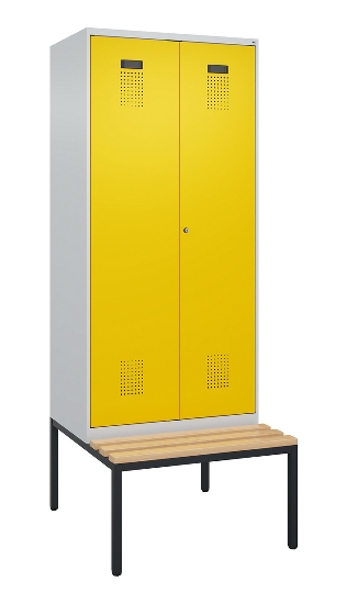 C+P Schwarz-Weiß-Spind Evolo PLUS 0490527-40 mit Bank 4 Abt.je 300mm Drehriegel (HxBxT) 2120x1200x815mm 7035/3000