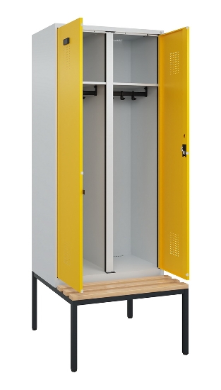 C+P Schwarz-Weiß-Spind Evolo PLUS 0490527-40 mit Bank 4 Abt.je 300mm Drehriegel (HxBxT) 2120x1200x815mm 7035/3000