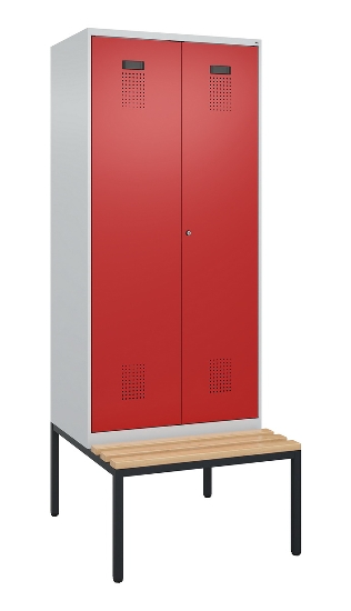 C+P Schwarz-Weiß-Spind Evolo PLUS 0490527-40 mit Bank 4 Abt.je 300mm Drehriegel (HxBxT) 2120x1200x815mm 7035/3000