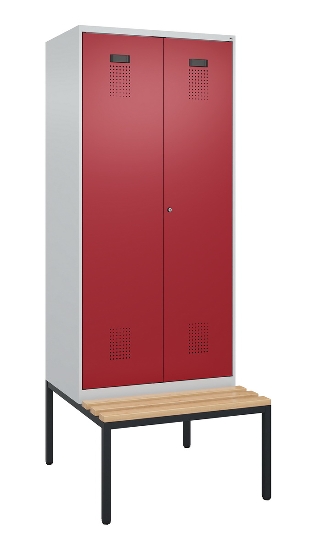 C+P Schwarz-Weiß-Spind Evolo PLUS 0490527-40 mit Bank 4 Abt.je 300mm Drehriegel (HxBxT) 2120x1200x815mm 7035/3000