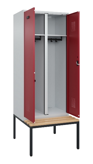 C+P Schwarz-Weiß-Spind Evolo PLUS 0490527-40 mit Bank 4 Abt.je 300mm Drehriegel (HxBxT) 2120x1200x815mm 7035/3000