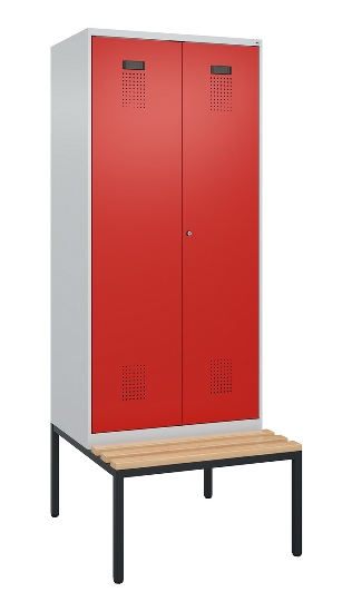 C+P Schwarz-Weiß-Spind Evolo PLUS 0490527-40 mit Bank 4 Abt.je 300mm Drehriegel (HxBxT) 2120x1200x815mm 7035/3000