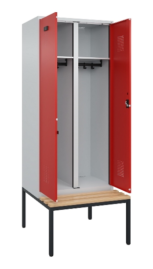 C+P Schwarz-Weiß-Spind Evolo PLUS 0490527-40 mit Bank 4 Abt.je 300mm Drehriegel (HxBxT) 2120x1200x815mm 7035/3000