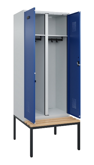 C+P Schwarz-Weiß-Spind Evolo PLUS 0490527-40 mit Bank 4 Abt.je 300mm Drehriegel (HxBxT) 2120x1200x815mm 7035/3000
