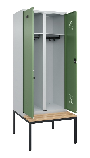 C+P Schwarz-Weiß-Spind Evolo PLUS 0490527-40 mit Bank 4 Abt.je 300mm Drehriegel (HxBxT) 2120x1200x815mm 7035/3000