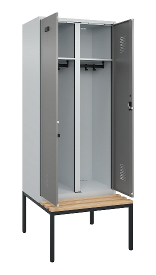 C+P Schwarz-Weiß-Spind Evolo PLUS 0490527-40 mit Bank 4 Abt.je 300mm Drehriegel (HxBxT) 2120x1200x815mm 7035/3000