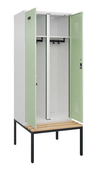 C+P Schwarz-Weiß-Spind Evolo PLUS 0490527-40 mit Bank 4 Abt.je 300mm Drehriegel (HxBxT) 2120x1200x815mm 7035/3000