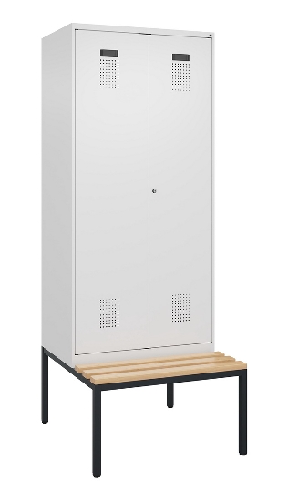C+P Schwarz-Weiß-Spind Evolo PLUS 0490527-40 mit Bank 4 Abt.je 300mm Drehriegel (HxBxT) 2120x1200x815mm 7035/3000