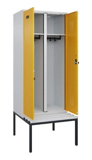 C+P Schwarz-Weiß-Spind Evolo PLUS 0490527-22 mit Bank 2 Abt.je 400mm Zylinder (HxBxT) 2120x800x815mm 9016/6019