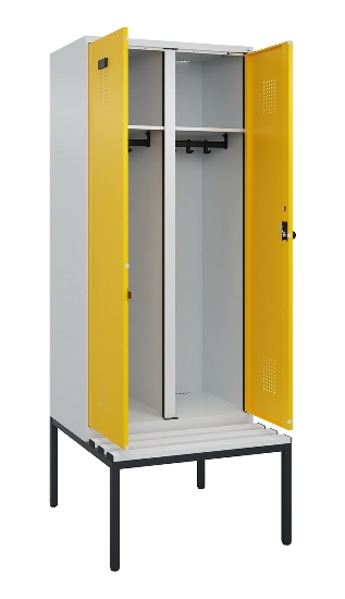 C+P Schwarz-Weiß-Spind Evolo PLUS 0490527-22 mit Bank 2 Abt.je 400mm Zylinder (HxBxT) 2120x800x815mm 9016/6019
