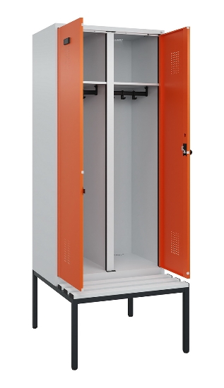 C+P Schwarz-Weiß-Spind Evolo PLUS 0490527-22 mit Bank 2 Abt.je 400mm Zylinder (HxBxT) 2120x800x815mm 9016/6019