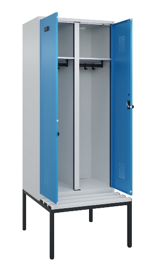 C+P Schwarz-Weiß-Spind Evolo PLUS 0490527-22 mit Bank 2 Abt.je 400mm Zylinder (HxBxT) 2120x800x815mm 9016/6019