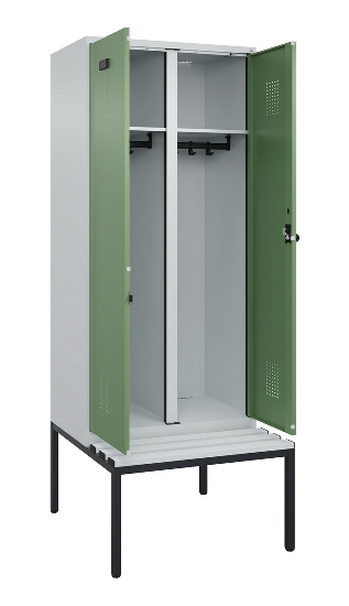 C+P Schwarz-Weiß-Spind Evolo PLUS 0490527-22 mit Bank 2 Abt.je 400mm Zylinder (HxBxT) 2120x800x815mm 9016/6019