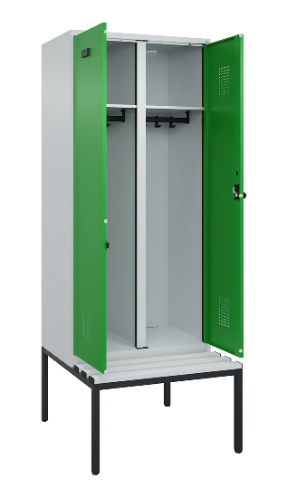 C+P Schwarz-Weiß-Spind Evolo PLUS 0490527-22 mit Bank 2 Abt.je 400mm Zylinder (HxBxT) 2120x800x815mm 9016/6019