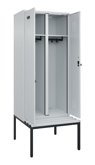 C+P Schwarz-Weiß-Spind Evolo PLUS 0490527-22 mit Bank 2 Abt.je 400mm Zylinder (HxBxT) 2120x800x815mm 9016/6019