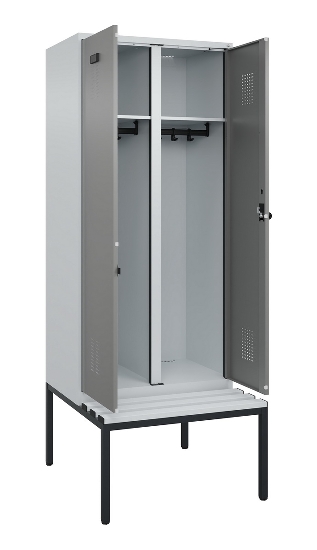 C+P Schwarz-Weiß-Spind Evolo PLUS 0490527-22 mit Bank 2 Abt.je 400mm Zylinder (HxBxT) 2120x800x815mm 9016/6019