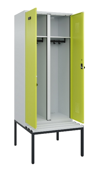 C+P Schwarz-Weiß-Spind Evolo PLUS 0490527-22 mit Bank 2 Abt.je 400mm Zylinder (HxBxT) 2120x800x815mm 9016/6019