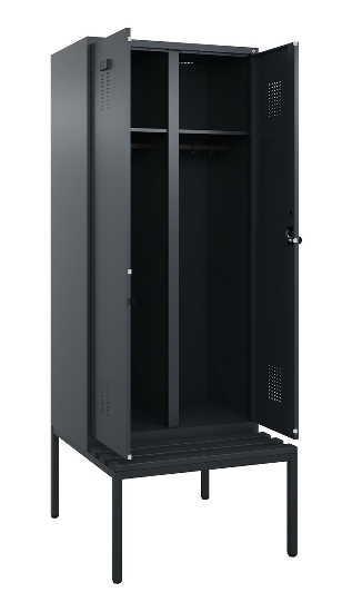 C+P Schwarz-Weiß-Spind Evolo PLUS 0490527-22 mit Bank 2 Abt.je 400mm Zylinder (HxBxT) 2120x800x815mm 9016/6019