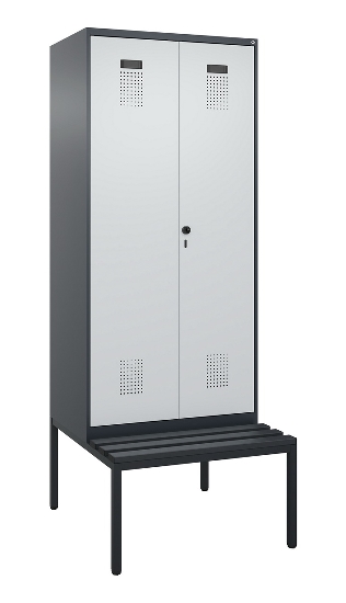 C+P Schwarz-Weiß-Spind Evolo PLUS 0490527-22 mit Bank 2 Abt.je 400mm Zylinder (HxBxT) 2120x800x815mm 9016/6019
