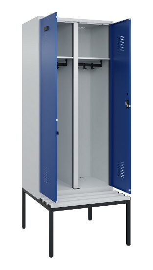 C+P Schwarz-Weiß-Spind Evolo PLUS 0490527-22 mit Bank 2 Abt.je 400mm Zylinder (HxBxT) 2120x800x815mm 9016/6019