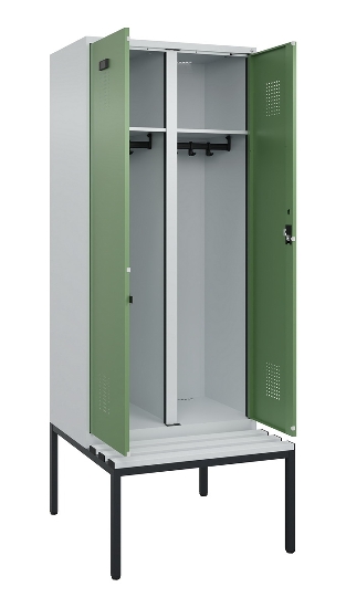 C+P Schwarz-Weiß-Spind Evolo PLUS 0490527-22 mit Bank 2 Abt.je 400mm Zylinder (HxBxT) 2120x800x815mm 9016/6019