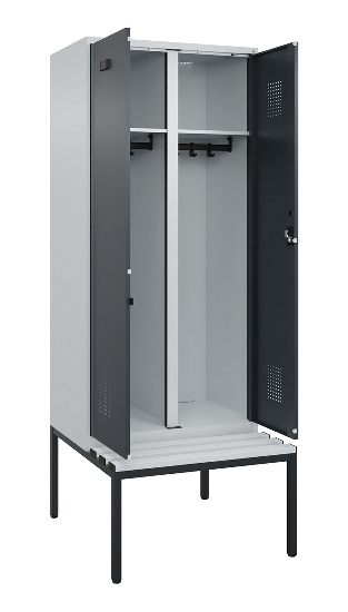 C+P Schwarz-Weiß-Spind Evolo PLUS 0490527-22 mit Bank 2 Abt.je 400mm Zylinder (HxBxT) 2120x800x815mm 9016/6019