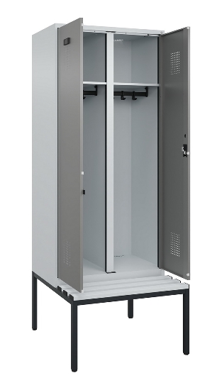 C+P Schwarz-Weiß-Spind Evolo PLUS 0490527-22 mit Bank 2 Abt.je 400mm Zylinder (HxBxT) 2120x800x815mm 9016/6019