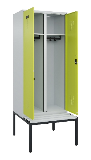 C+P Schwarz-Weiß-Spind Evolo PLUS 0490527-22 mit Bank 2 Abt.je 400mm Zylinder (HxBxT) 2120x800x815mm 9016/6019