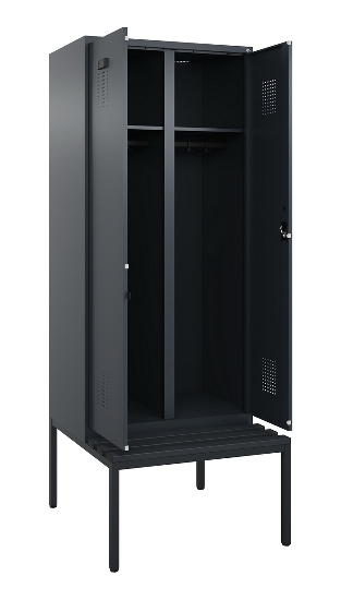 C+P Schwarz-Weiß-Spind Evolo PLUS 0490527-22 mit Bank 2 Abt.je 400mm Zylinder (HxBxT) 2120x800x815mm 9016/6019