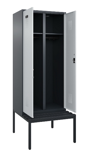 C+P Schwarz-Weiß-Spind Evolo PLUS 0490527-22 mit Bank 2 Abt.je 400mm Zylinder (HxBxT) 2120x800x815mm 9016/6019