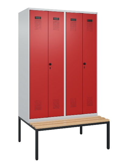 C+P Schwarz-Weiß-Spind Evolo PLUS 0490527-40 mit Bank 4 Abt.je 300mm Drehriegel (HxBxT) 2120x1200x815mm 7035/3000