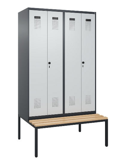 C+P Schwarz-Weiß-Spind Evolo PLUS 0490527-40 mit Bank 4 Abt.je 300mm Drehriegel (HxBxT) 2120x1200x815mm 7035/3000