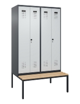 C+P Schwarz-Weiß-Spind Evolo PLUS 0490527-40 mit Bank 4 Abt.je 300mm Drehriegel (HxBxT) 2120x1200x815mm 7035/3000
