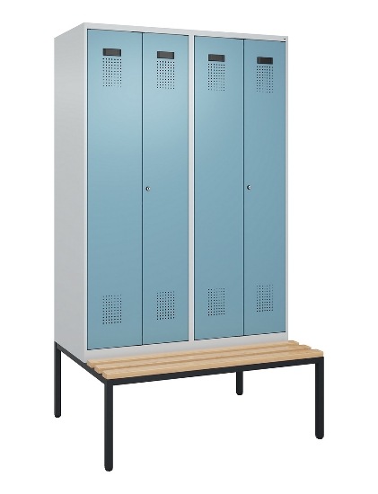 C+P Schwarz-Weiß-Spind Evolo PLUS 0490527-40 mit Bank 4 Abt.je 300mm Drehriegel (HxBxT) 2120x1200x815mm 7035/3000