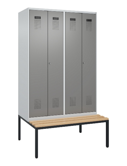 C+P Schwarz-Weiß-Spind Evolo PLUS 0490527-40 mit Bank 4 Abt.je 300mm Drehriegel (HxBxT) 2120x1200x815mm 7035/3000