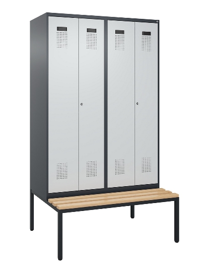 C+P Schwarz-Weiß-Spind Evolo PLUS 0490527-40 mit Bank 4 Abt.je 300mm Drehriegel (HxBxT) 2120x1200x815mm 7035/3000
