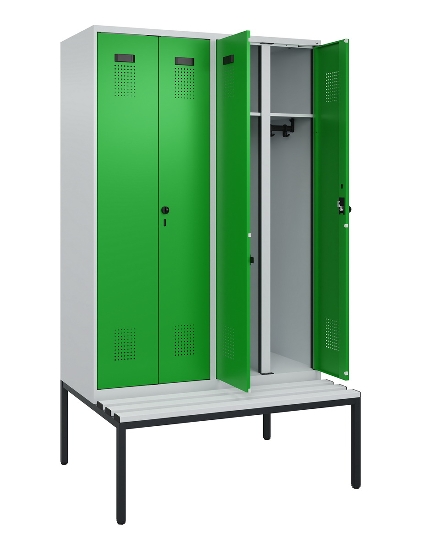 C+P Schwarz-Weiß-Spind Evolo PLUS 0490527-22 mit Bank 2 Abt.je 400mm Zylinder (HxBxT) 2120x800x815mm 9016/6019
