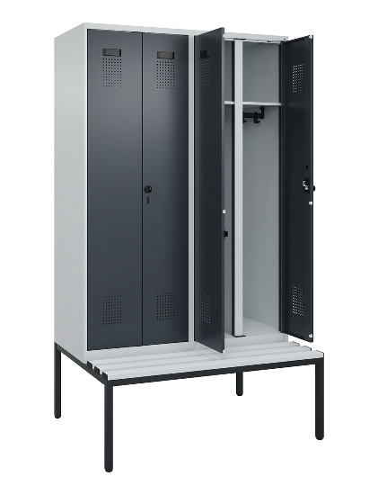 C+P Schwarz-Weiß-Spind Evolo PLUS 0490527-22 mit Bank 2 Abt.je 400mm Zylinder (HxBxT) 2120x800x815mm 9016/6019