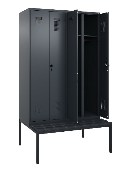 C+P Schwarz-Weiß-Spind Evolo PLUS 0490527-22 mit Bank 2 Abt.je 400mm Zylinder (HxBxT) 2120x800x815mm 9016/6019