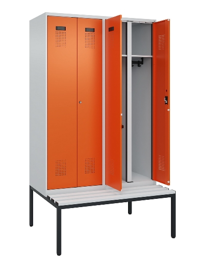 C+P Schwarz-Weiß-Spind Evolo PLUS 0490527-22 mit Bank 2 Abt.je 400mm Zylinder (HxBxT) 2120x800x815mm 9016/6019
