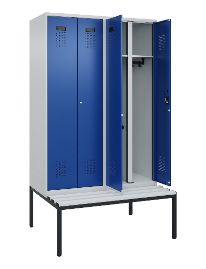 C+P Schwarz-Weiß-Spind Evolo PLUS 0490527-22 mit Bank 2 Abt.je 400mm Zylinder (HxBxT) 2120x800x815mm 9016/6019